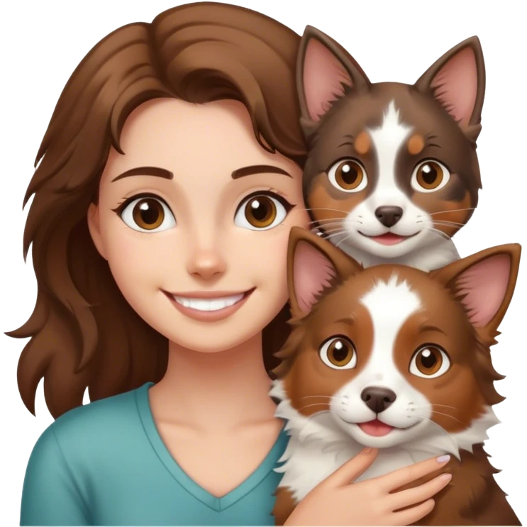 smiling girl with cat and Brown and white Australian shepherd emoji