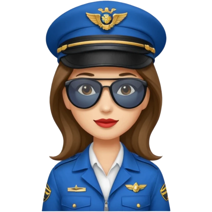 pilote d'avion femme cheveux brun clair avec sunglasses noires et chapeau de pilote et uniforme bleu emoji