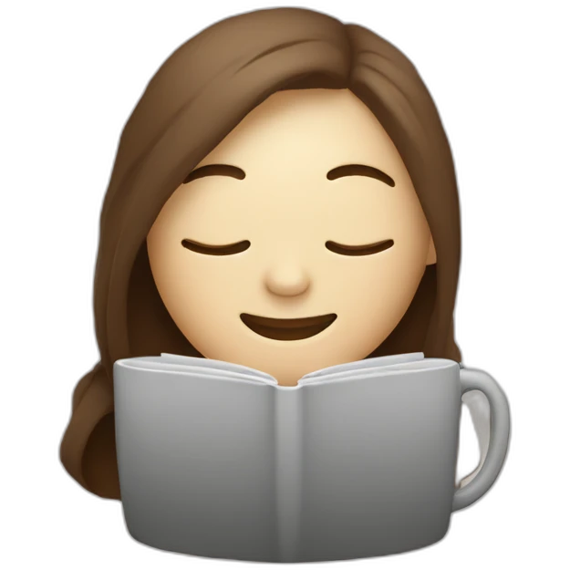 eyes closed smiling woman pale skin middle brown hair holding a laptop and a coffee mug, inside a blanket emoji