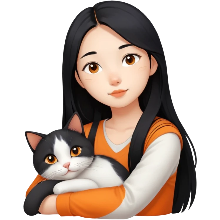 Asian girl with long black hair and the cat is lying on her shoulder, cat is mostly white with orange markings, tender moment emoji