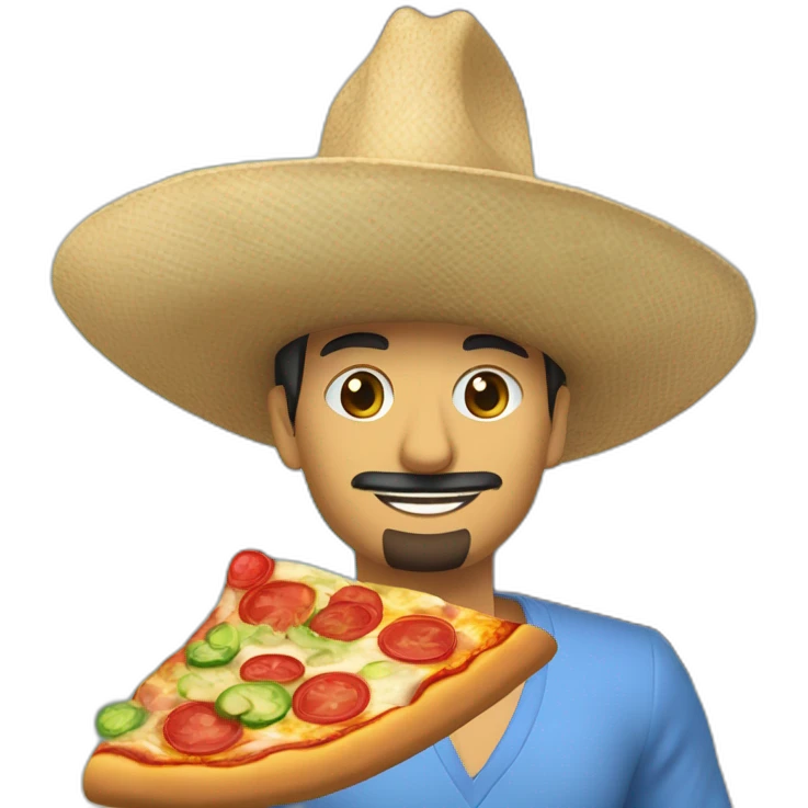 Homme mexicain avec un chapeau bleu, rouge et vert entrain de manger une pizza sur un bateau avec un perroquet sur son épaule emoji