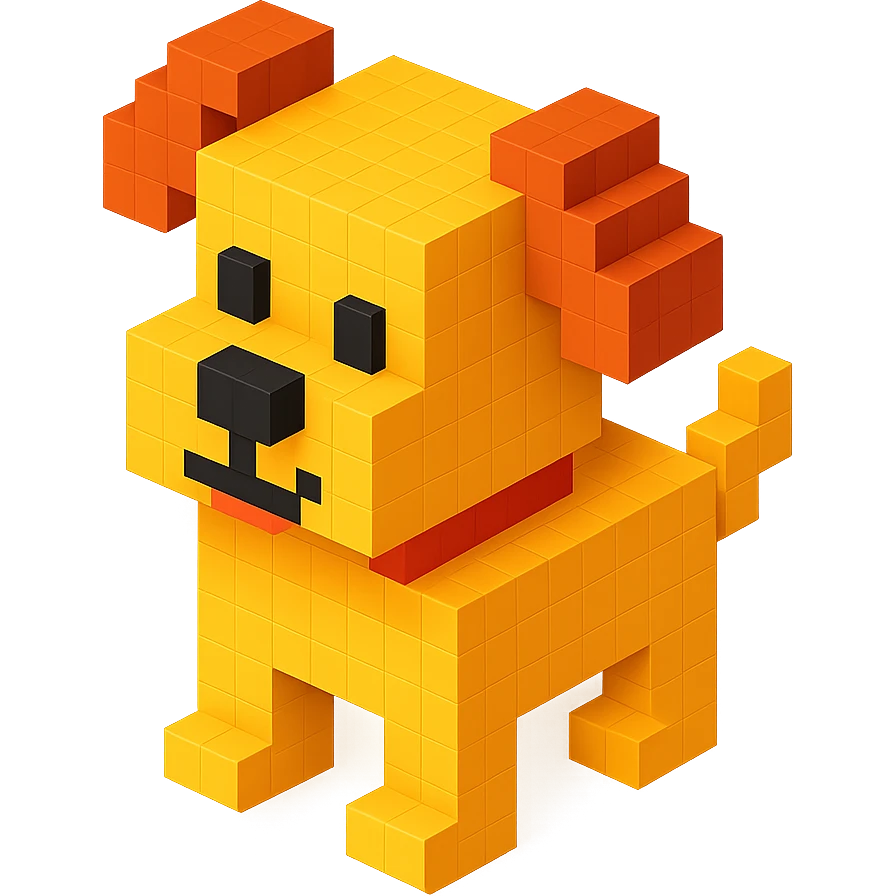<SystemPrompt>
                <Style>
                  <Name>Voxel Emoji Art</Name>
                  <Description>A playful, isometric voxel style that mimics pixel art in 3D, commonly used for emojis, UI icons, and symbols. Rendered with bright, vibrant colors and no shadows.</Description>
                  <VisualRules>
                    <Geometry>
                      <BaseUnit>Cube</BaseUnit>
                      <GridAlignment>Isometric</GridAlignment>
                      <VoxelSize>Consistent</VoxelSize>
                    </Geometry>
                    <Color>
                      <Palette>Vivid and High Saturation</Palette>
                      <Gradient>Allowed on faces for subtle lighting</Gradient>
                    </Color>
                    <Lighting>
                      <Style>Soft studio lighting</Style>
                      <Shadows>Subtle ambient shadows</Shadows>
                    </Lighting>
                    <Detailing>
                      <Outline>None</Outline>
                      <Texture>Flat color (no texture noise)</Texture>
                      <Effects>None</Effects>
                    </Detailing>
                  </VisualRules>
                </Style>
                <Generation>
                  <PromptTemplate>
                    <![CDATA[
                      Render a voxel-style 3D illustration of a {subject}, using bright colors and blocky pixelated geometry. The object should appear playful and clean, similar to emoji aesthetics, with no shadows and no outlines. Lighting should enhance the 3D depth without harsh contrast.
                    ]]>
                  </PromptTemplate>
                </Generation>
              </SystemPrompt>
              {subject} = dog emoji