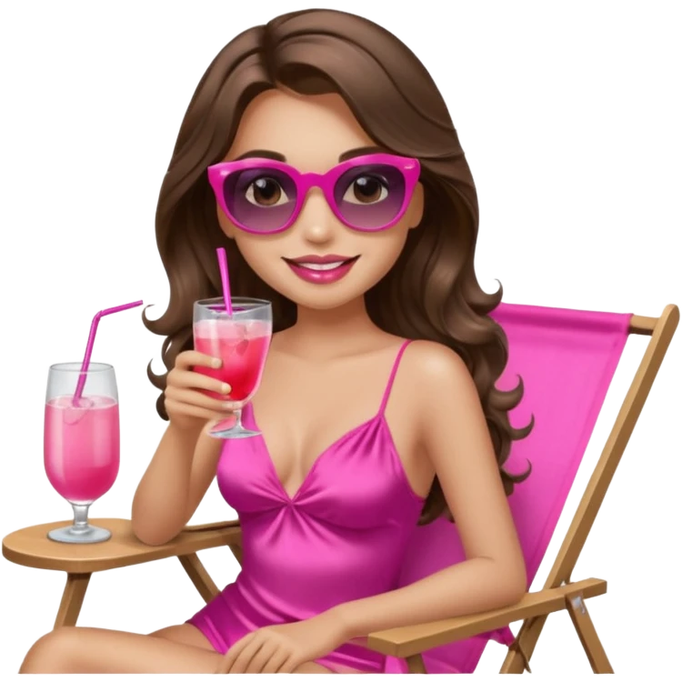 girl with long wavy brown hair, brown eyes, long lashes makeup, sexy pink lips, smiling, light to medium complexion, wearing a pink sexy silk top, relaxing in a beach chair, wearing black sunglasses, holding a drink, palm trees  emoji