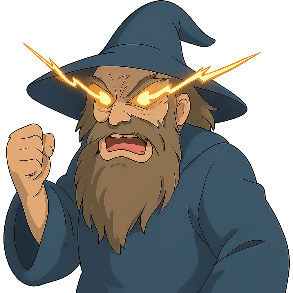 ghibli style angry wizard with lightning eyes and a balled up fist emoji