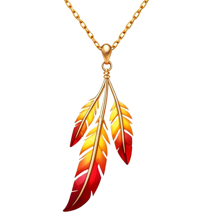 glowing ruby pendant shaped like a phoenix feather, red-yellow gradient, chain suspended midair with rebirth aura emoji