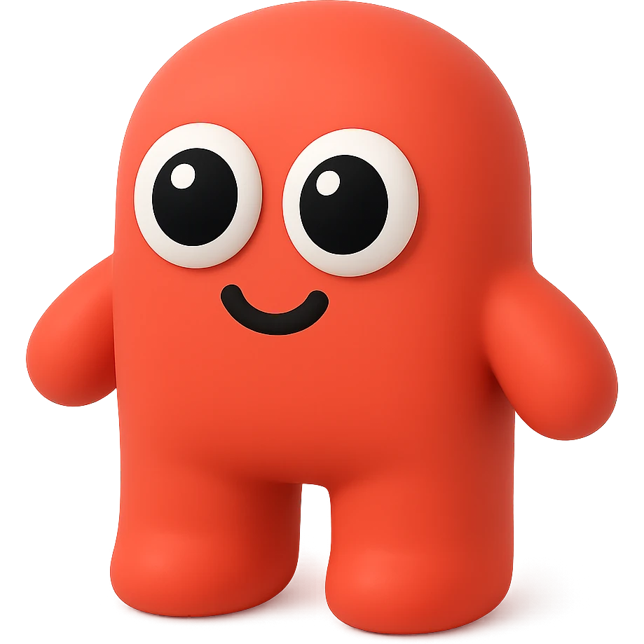 Make the red cartoon figure smile, keep black eyes with white pupils, no background, transparent background, style similar to a red cartoon figure with black eyes and white pupils, no background emoji