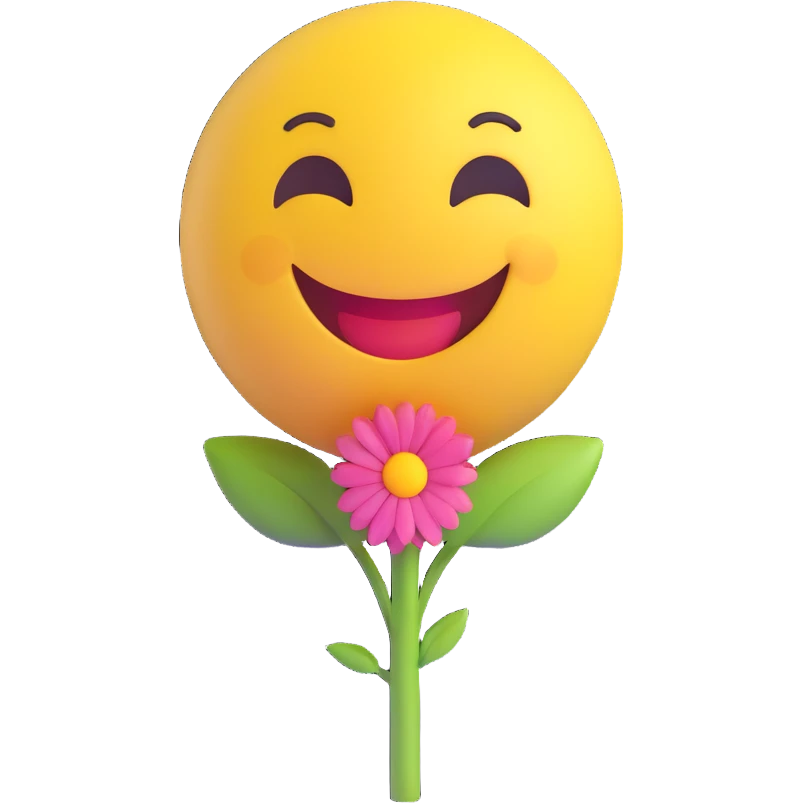 3D smiley emoji, round shape, in love, holding a flower, smiling face, no body emoji
