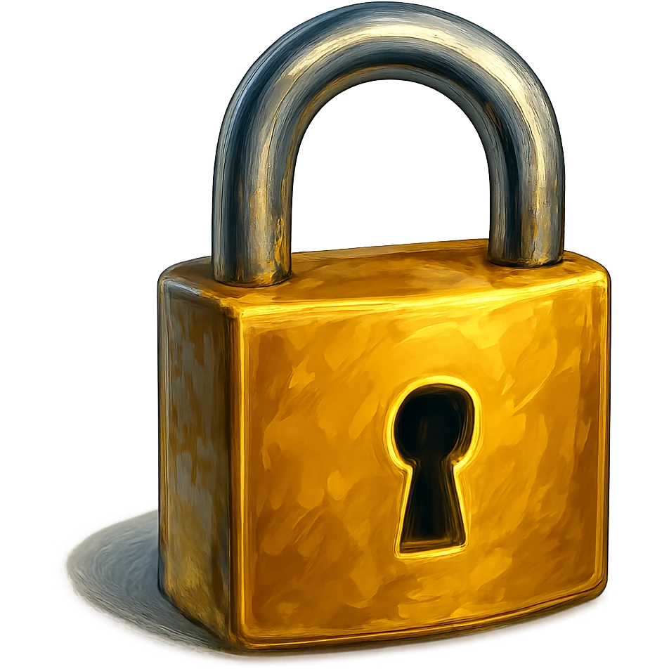 В cлегка рисованной, но при этом объемной и яркой стилистике сгенерируй картинку фотореалистичного золотого замка (замок который для ключей), прозрачный фон emoji