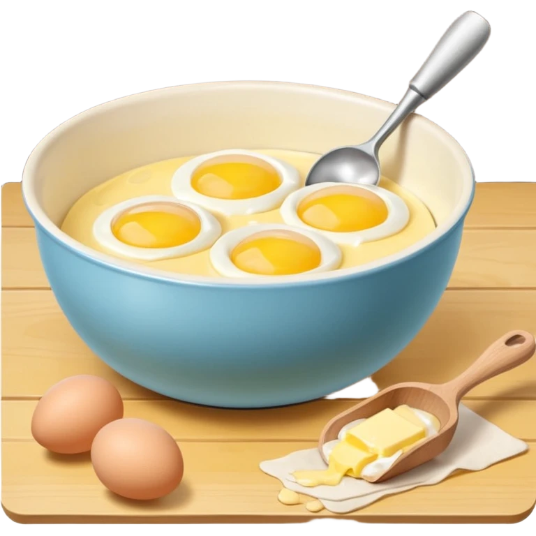 baking preperation with mixing bowl with uncracked eggs and butter emoji