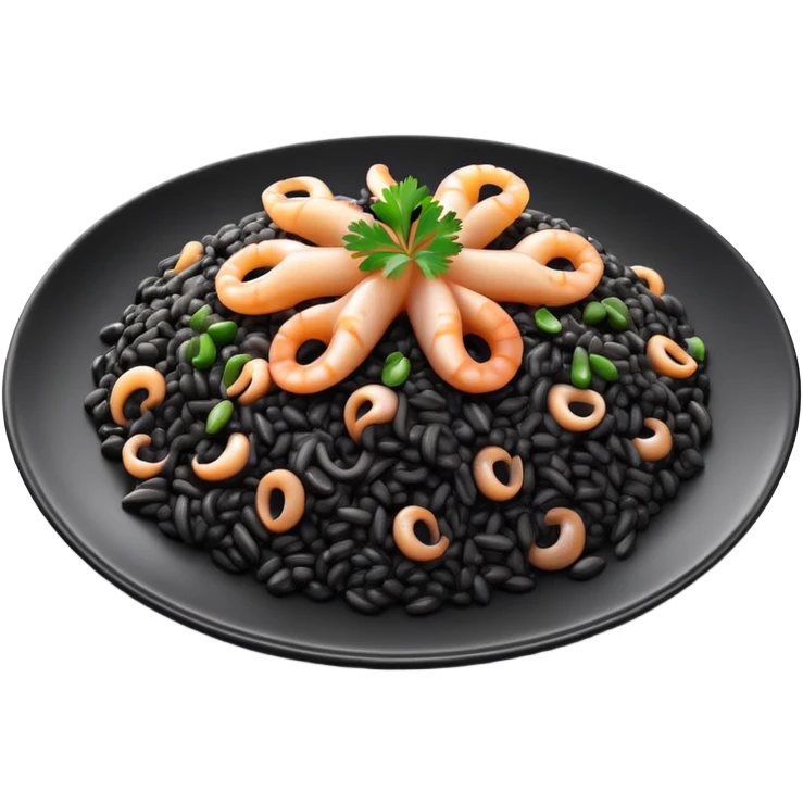cinematic-realistic-black-risotto-dish-emoji,-showcasing-small squid pieces-rendered-with-bold-textures-and-dynamic,-dramatic-lighting. emoji