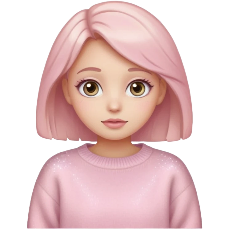 “Emoji girl, pastel pink blush, sparkly wide eyes,  oversized pastel sweater.” emoji