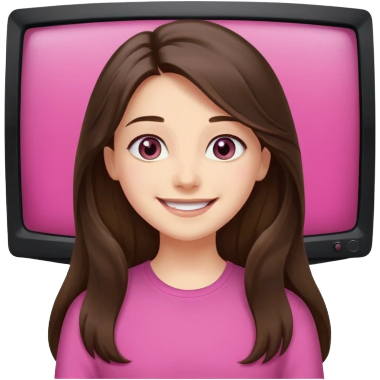 happy long haired brunette girl hazel eyes in pink watching tv emoji