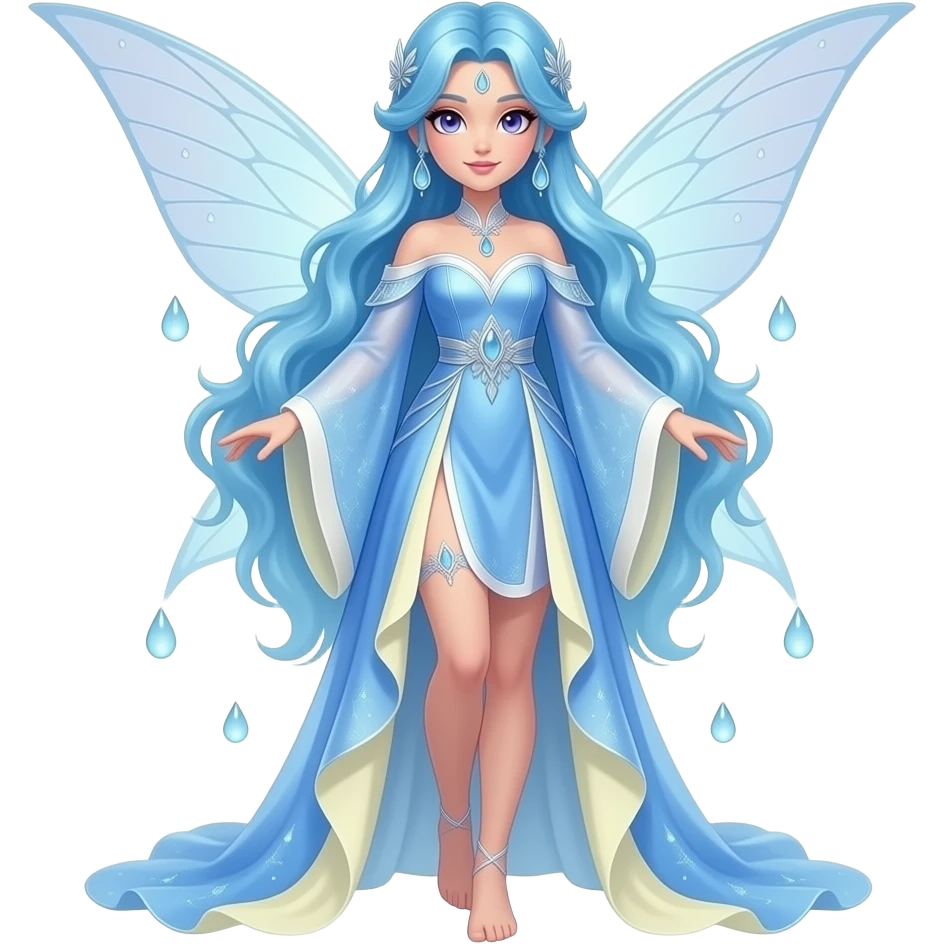 A female water fairy with a full body, blue hair violet eyes and wearing a blue outfit with white and cream yellow accents. emoji