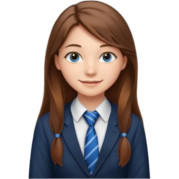 high school class room with a pretty female high school student with long brown hair, blue eyes, wearing a tie, sitting in front of the blackboard emoji