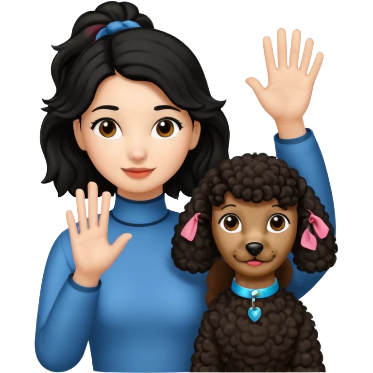 Ponytail black hair girl with brown Poodle say goodbye  emoji