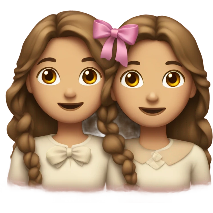 two girls hugging with bows if their hair, brown hair  emoji
