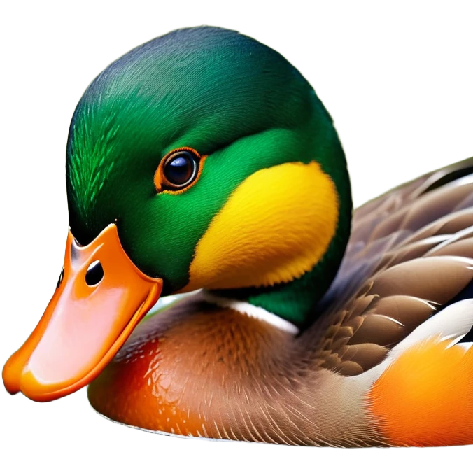 O pato tem uma aparência intensa e carismática:

Cabeça arredondada com penas escuras, dando um ar de personagem forte.

Olhos laranja vibrantes, com expressão penetrante e determinada — aquele olhar de quem não tá pra brincadeira.

Usa um cartola verde escura, inclinada, reforçando um ar de autoridade e estilo.

O bico laranja é largo e firme, dando personalidade à expressão.

Ao fundo, cores fortes como roxo e laranja criam contraste visual poderoso — bem streamer mesmo.

 emoji