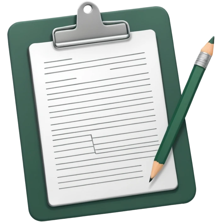 white paper with a pencil and a dark green clipboard, minimalism emoji