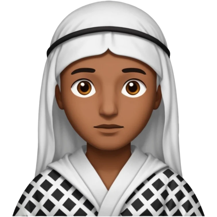 Una persona morena que solo se le vea la cara con una bata de arabe en la cara color blanco con cuadros negros emoji