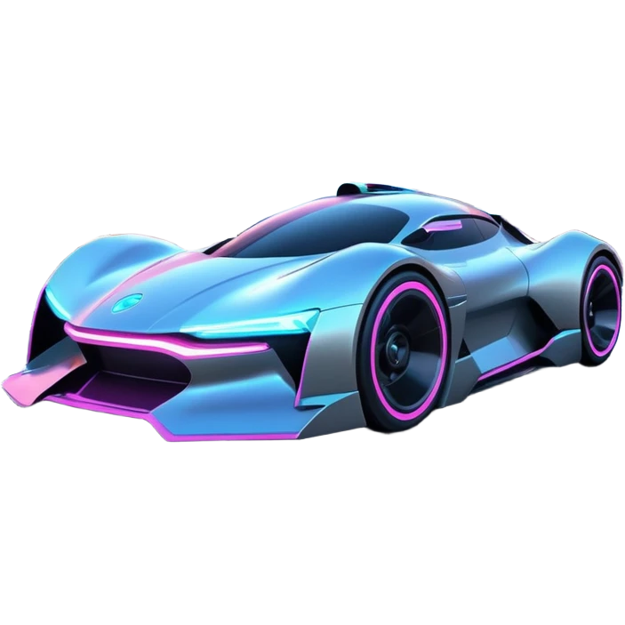 A futuristic racing car with glowing neon lights, sleek aerodynamic design, and a cyberpunk cityscape in the background. The car is speeding through a neon-lit street with high-tech buildings and holograms." emoji