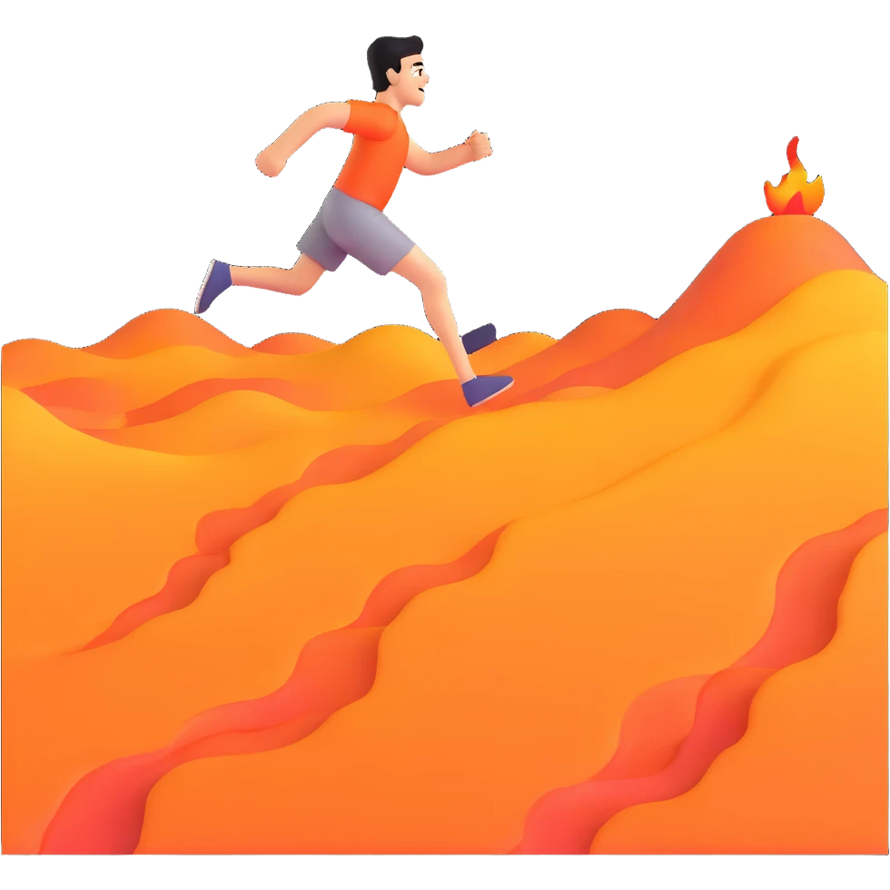 person running with high steps across scorching hot beach sand with heat waves rising emoji
