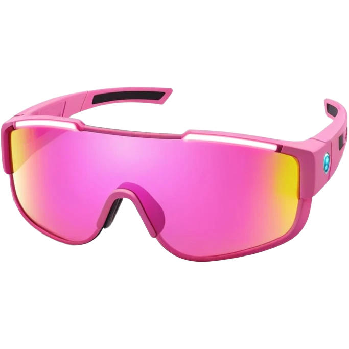 sporty pink shield visor sunglasses with thick frame and integrated LED light strip, tech-enhanced chunky design, massive build, one-piece lens with smart tint emoji