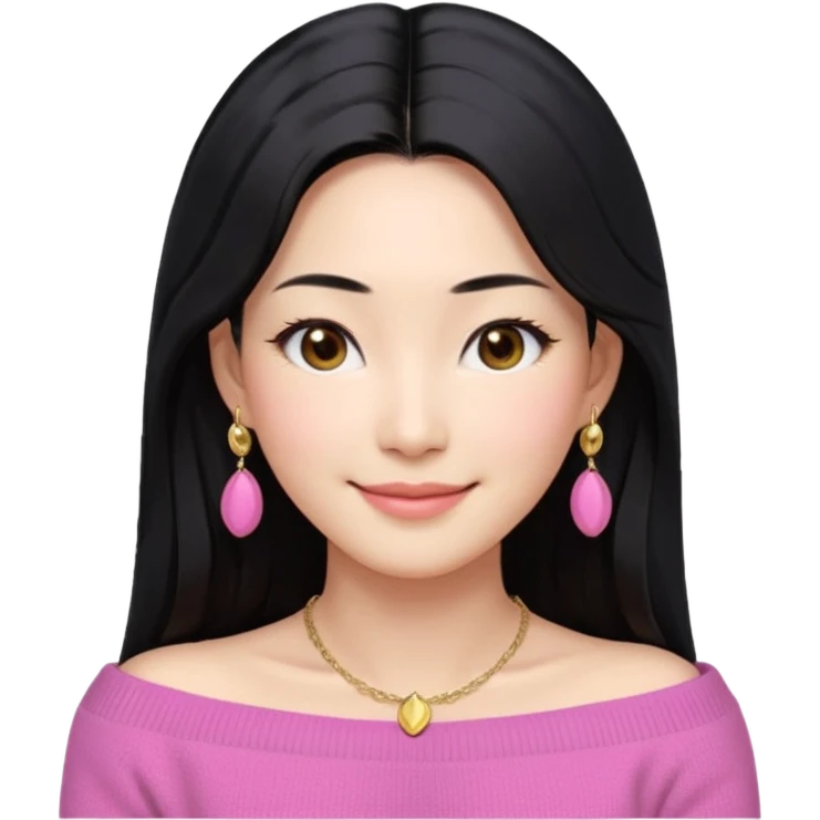 South Korean girl in her mid-thirties with long black hair and a middle part. She is wearing a pink colored, off the shoulder long sleeve knit sweater. She has small gold earrings and a gold necklace. She has brown eyes with narrow, mono lid shape and smiling with lips together emoji