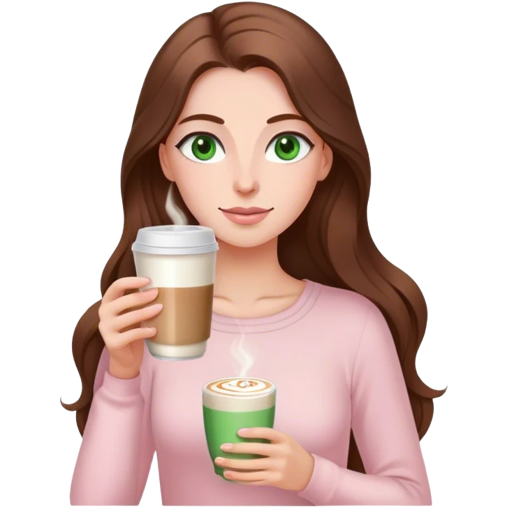 pretty woman with very long brown hair and green eyes and light pink outfit drinking a latte emoji
