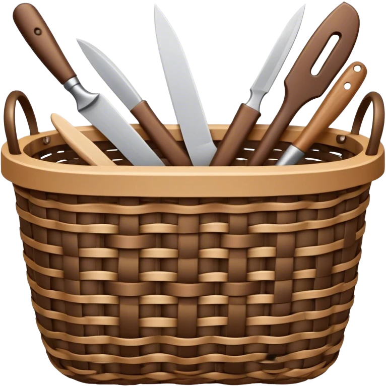 Wicker weaving icon, flexible wicker branches woven into a basket or decorative object, weaving tools like a knife or awl, intricate patterns, minimalistic style, clean lines, transparent background. emoji