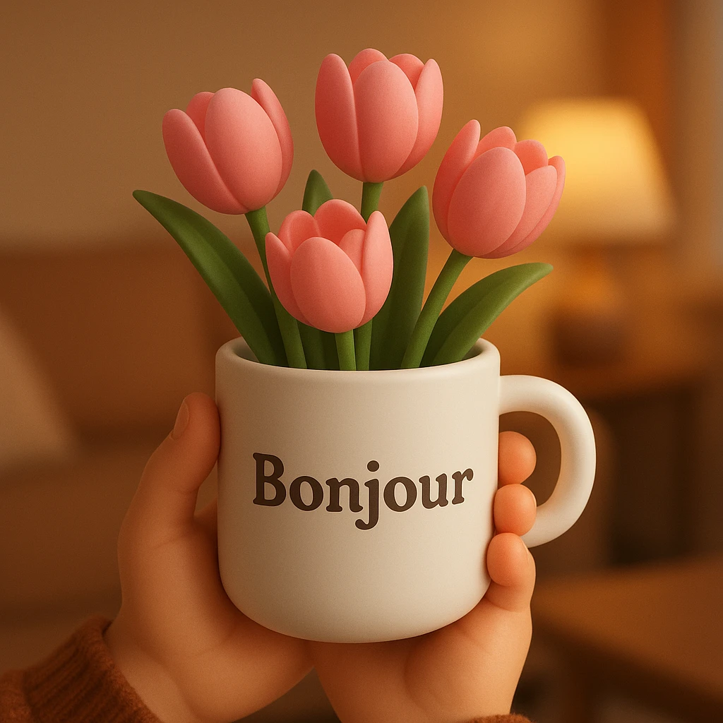 A pair of hands holding a white mug filled with pink tulips, with the word "Bonjour" written on the mug, in a 3D iOS style, with a warm, cozy setting. emoji