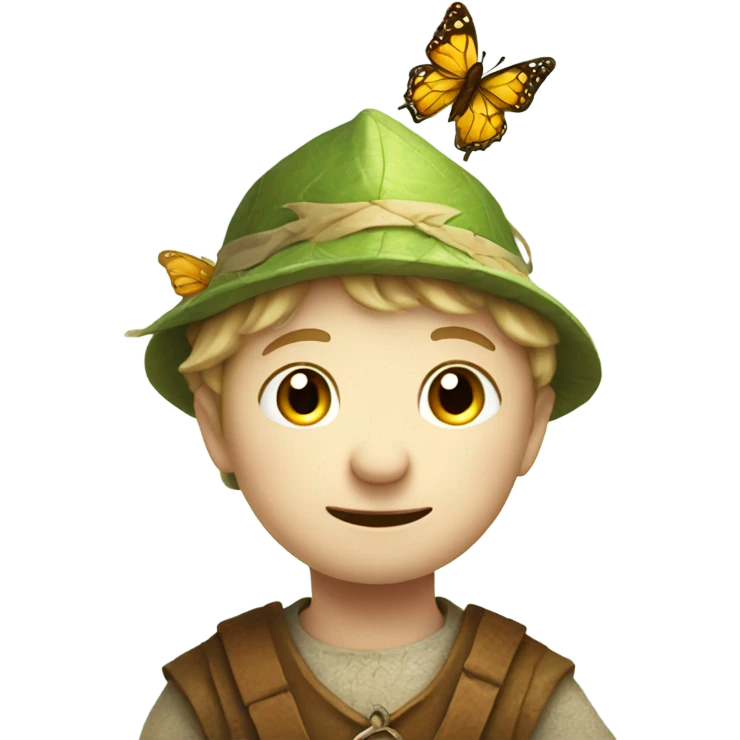 Medieval little whimsical little boy who is pale and he has a leaf hat and is riding a butterfly emoji