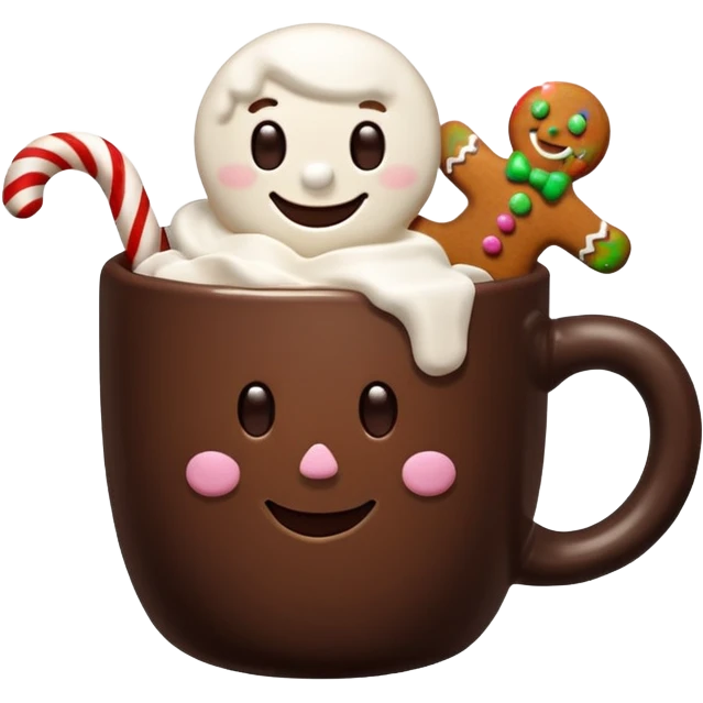 A hot chocolate with a gingerbread man and marshmallows emoji