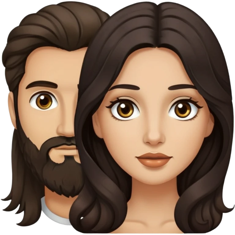woman with olive skin, brown eyes and long lashes, and long black wavy hair with pale skinned hazel eyed man with brown hair and beard emoji