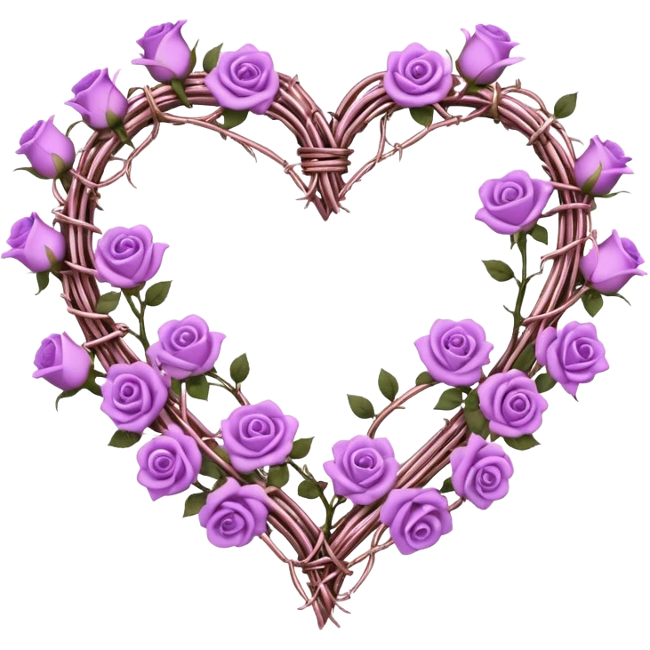 heart shape made out of barb wire vines with purple roses with tiny pastel pink-white-gold crystals hanging  emoji