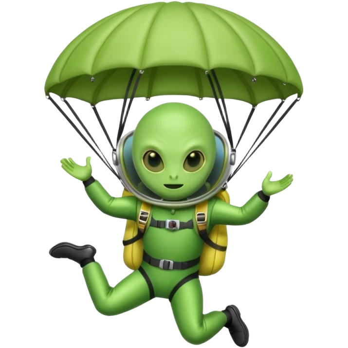 Skydiving alien with parachute and UFO emoji