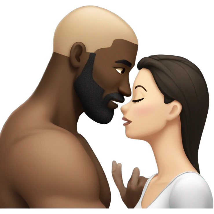 White brunette kissing muscular black bald man with beard emoji