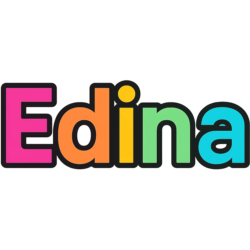 Edina name in colorful gradient modern font with dark outline, transparent background, in the style of sample images emoji