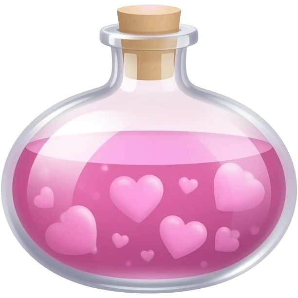 A glowing aphrodisiac potion bottle releasing soft pink, heart-shaped mist, no lid emoji