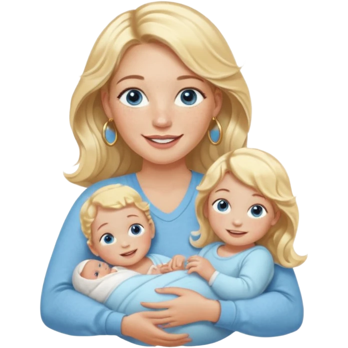 Wavy blonde, white woman with blue eyes, freckles hoop earrings, holding babies smiling and really cute in gold hoops she needs to be holding three newborns, and she needs to be more cute than pretty emoji