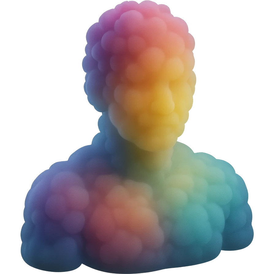 person made of colorful volumetric clouds, shoulder up, front view, matte glass style emoji