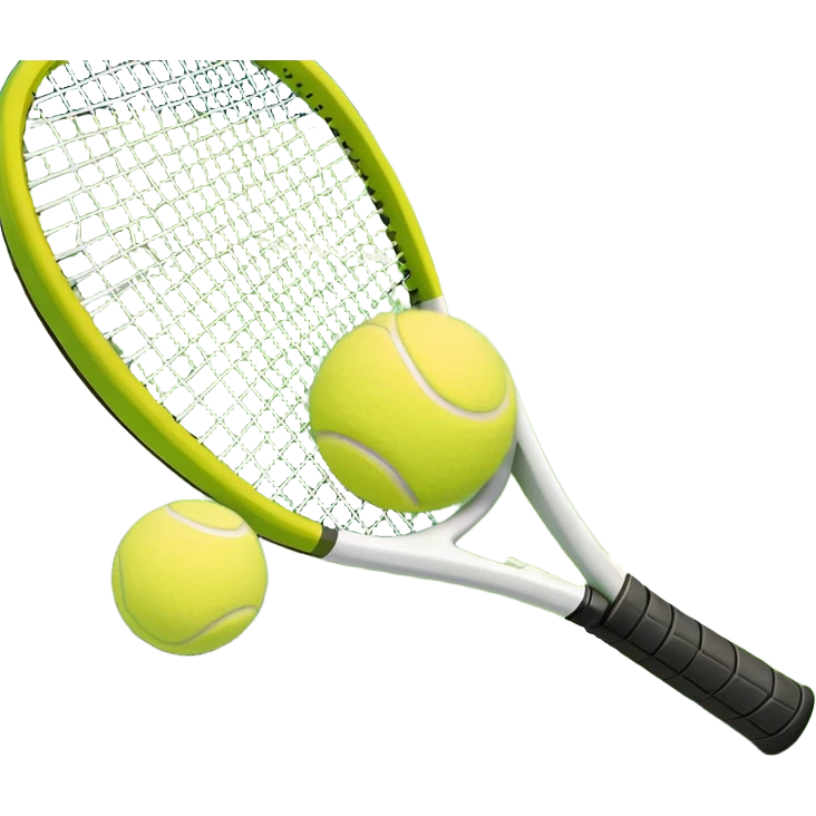 A tennis racket and a ball placed on the ground, with a tennis court in the background. The court lines and net are visible, emphasizing the structure and focus of the sport, creating a dynamic and energetic vibe. emoji