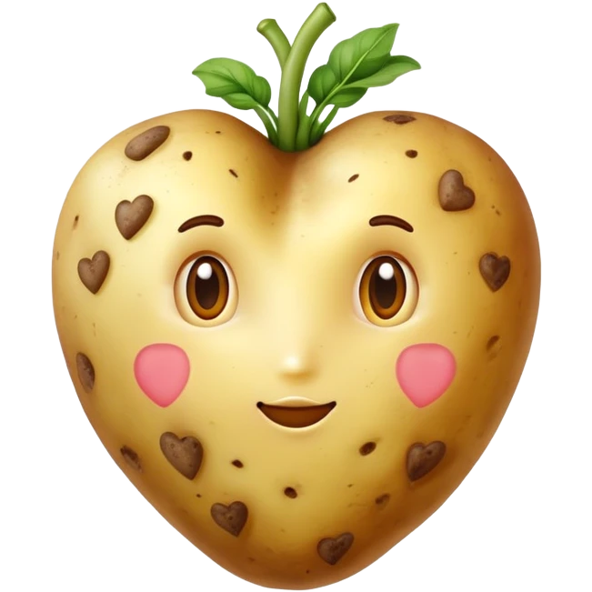 Photorealistic heart-shaped potato with golden skin and brown spots on white background. emoji