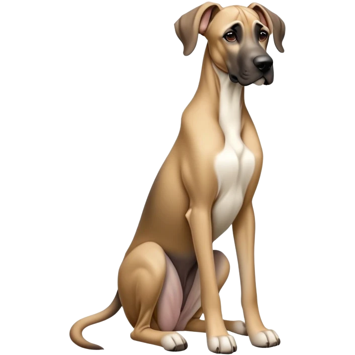 cinematic-[fawn great dane]-realistic-full-body-sitting-emoji,-tail-resting-loosely-beside-its-paws,-head-tilted-dramatically, ears drooped, -sleek-[fawn]-fur,-simplified-yet-realistic-focused-features,-highly-detailed,-glowing-with-an-almost-sarcastic-glow emoji