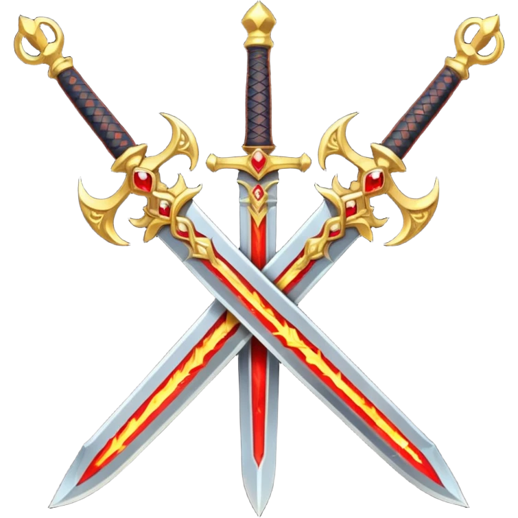 Two crossed swords that are golden in blade and handle and have fiery and royal appearence to them as well as red gem stones yellow in color emoji