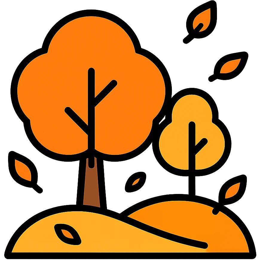 autumn fall scene with trees, orange foliage, and falling leaves emoji