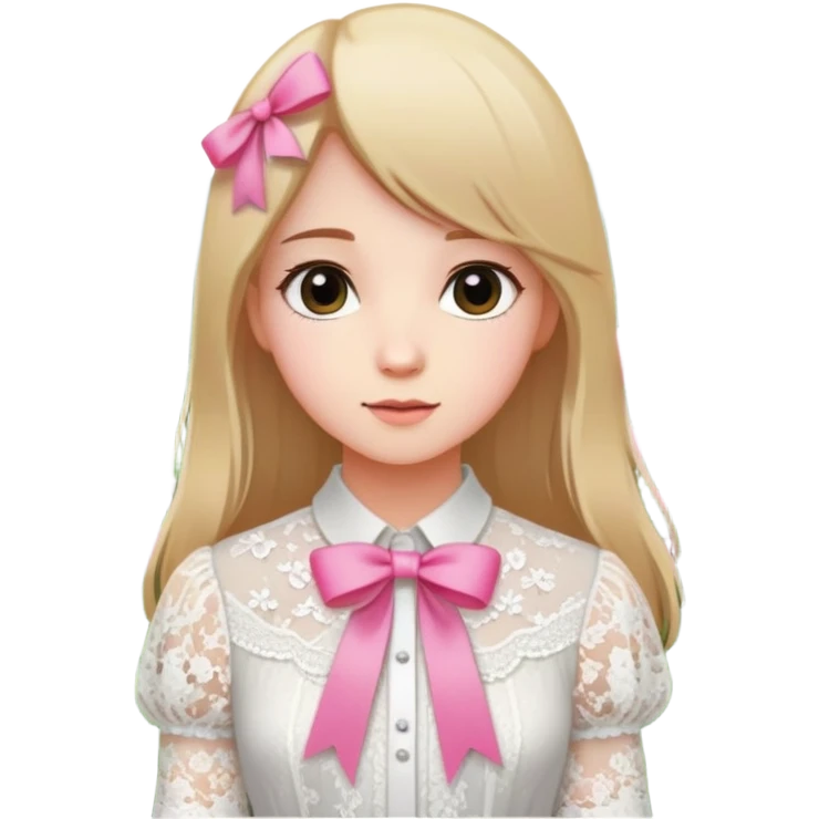  A girl with straight hair, a pink ribbon in her hair, and a white lace blouse, standing in a blooming garden. emoji