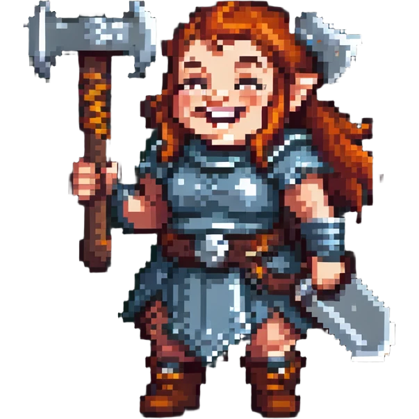 laughing female dwarf from Lineage 2 game character with axe emoji