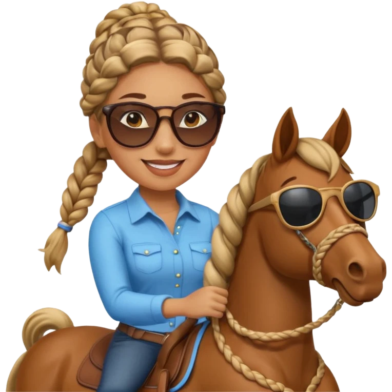 happy woman with braided hair and sunglasses, on a horse, friendly and easy to recognize emoji emoji