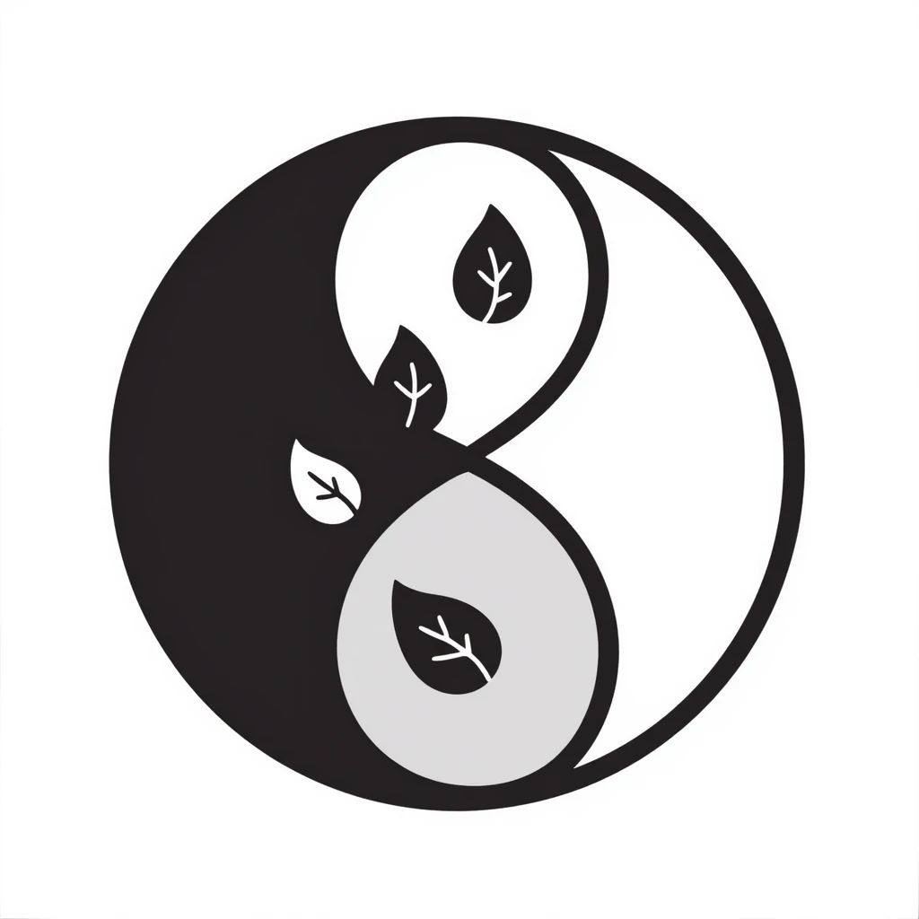 A yin-yang symbol with gentle leaf patterns, representing harmony and balance. Simple hand-drawn doodle style with minimal color. emoji