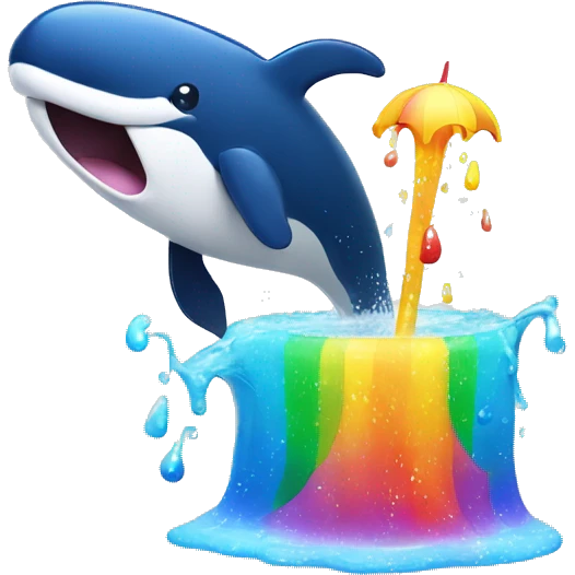 smiling whale with a rainbow fountain spouting from its blowhole. emoji